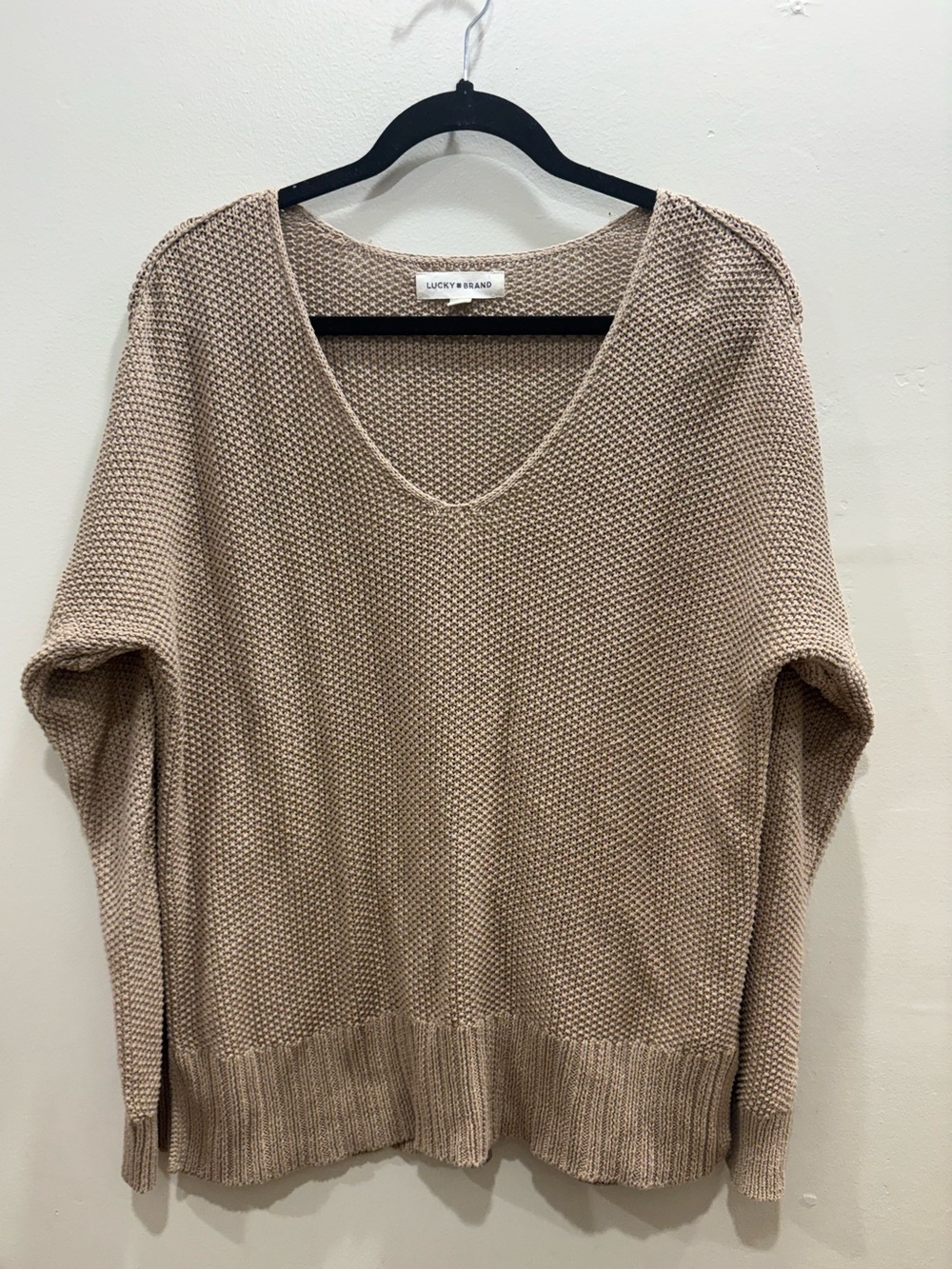 Lucky Brand Textured Knit V-Neck Sweater Small Beige Oversized